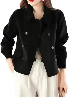 Womens Double Side Unlined Short Trenchcoat Turn Down Collar 100% Wool Classic Pea Coat