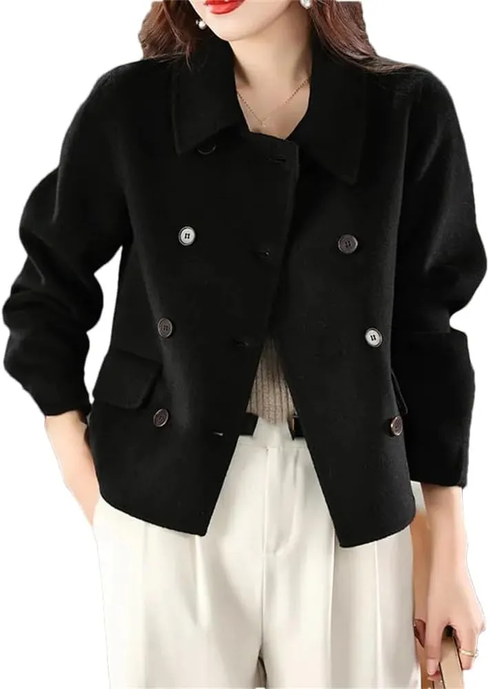 Womens Double Side Unlined Short Trenchcoat Turn Down Collar 100% Wool Classic Pea Coat