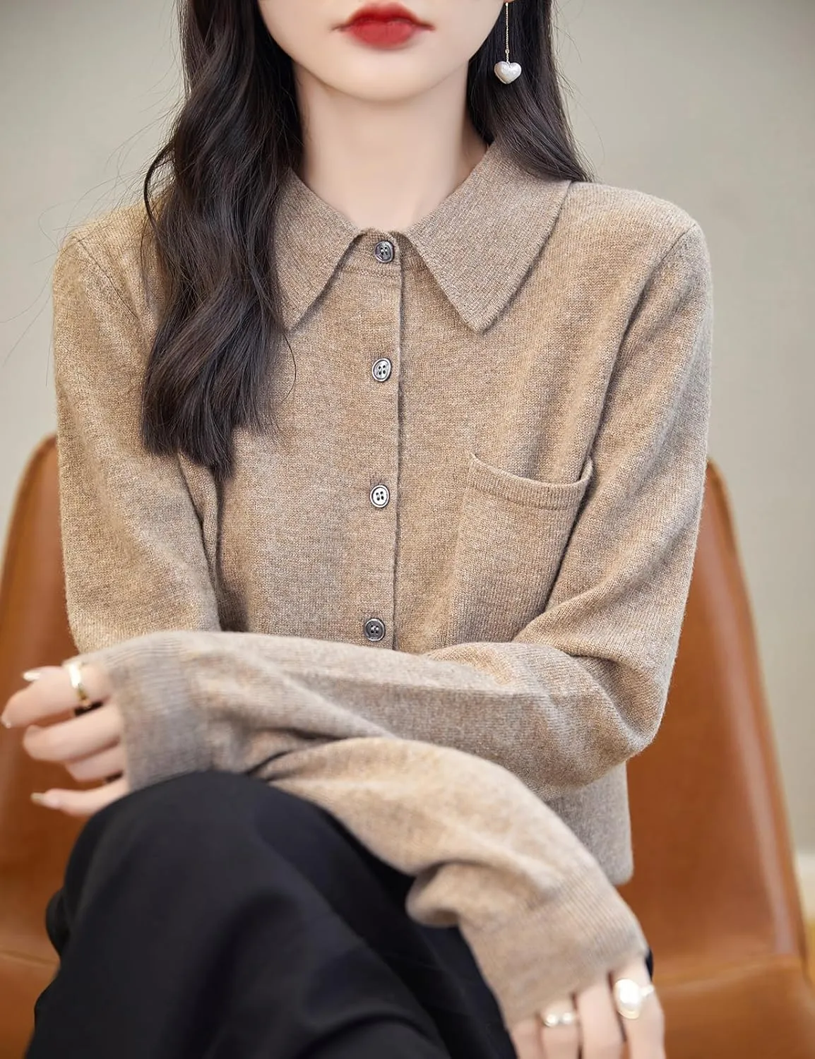 Women's Polo Neck 100% Merino Wool Sweater 2025 Spring Basic Long Sleeve Knitted Cardigan Sweater with Pocket