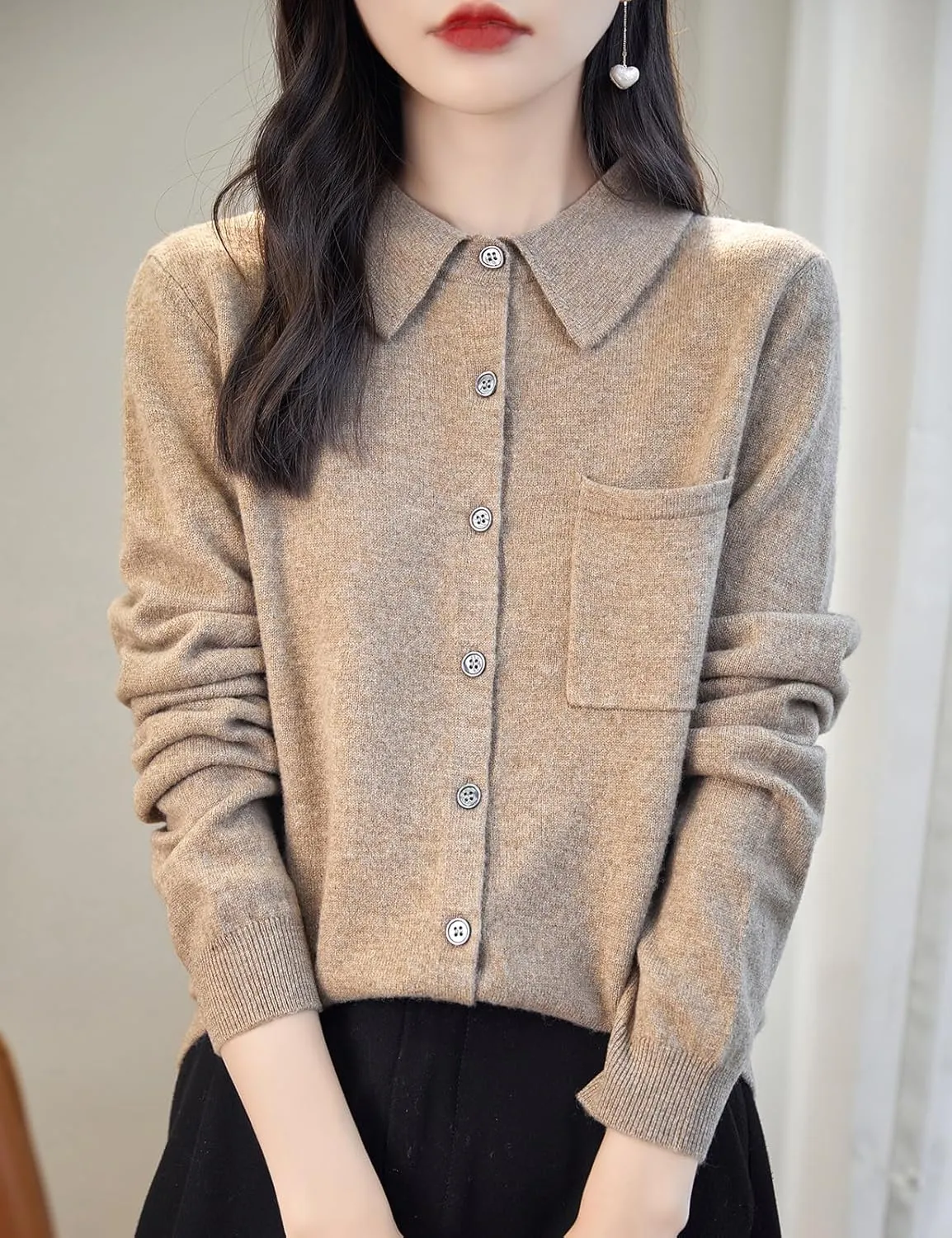 Women's Polo Neck 100% Merino Wool Sweater 2025 Spring Basic Long Sleeve Knitted Cardigan Sweater with Pocket