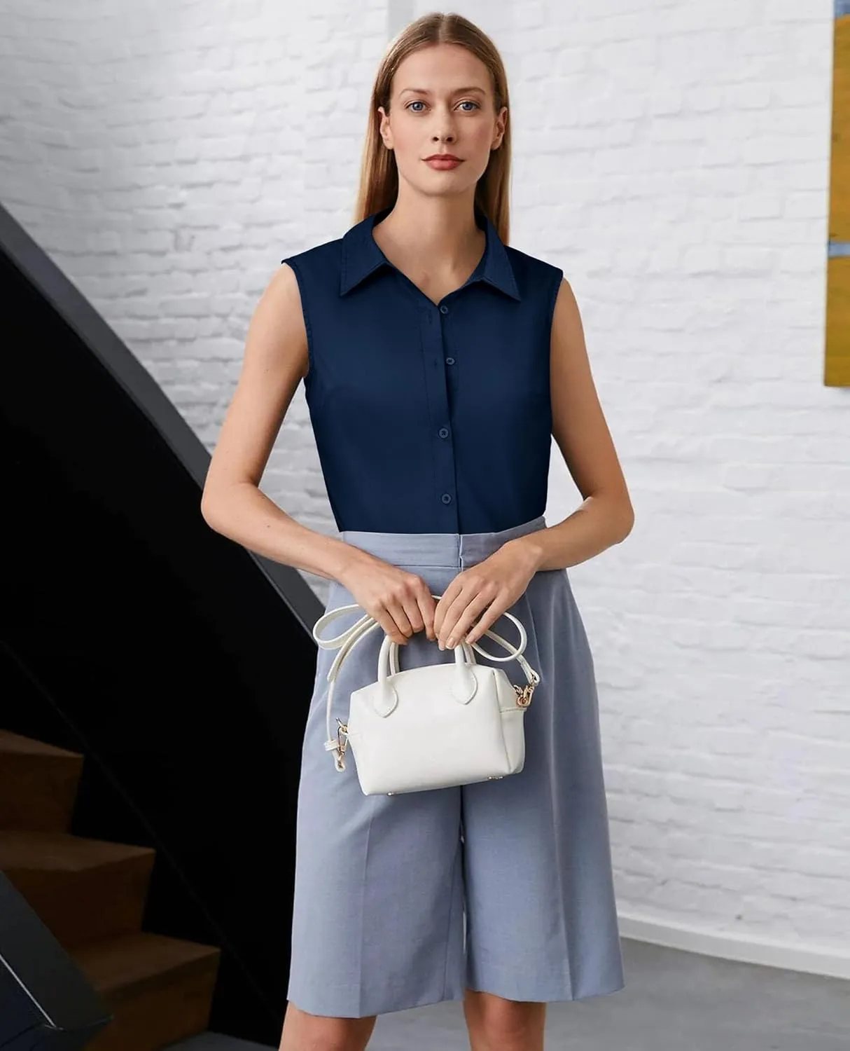 Womens Sleeveless Button Down Shirts Collared Blouse V Neck Work Tank Top Business Office Summer Outfits 2025