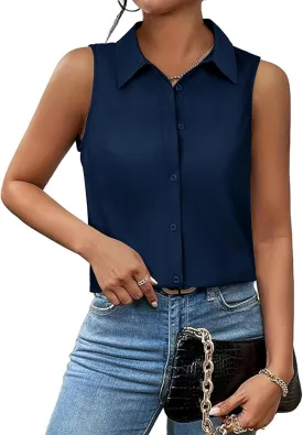 Womens Sleeveless Button Down Shirts Collared Blouse V Neck Work Tank Top Business Office Summer Outfits 2025