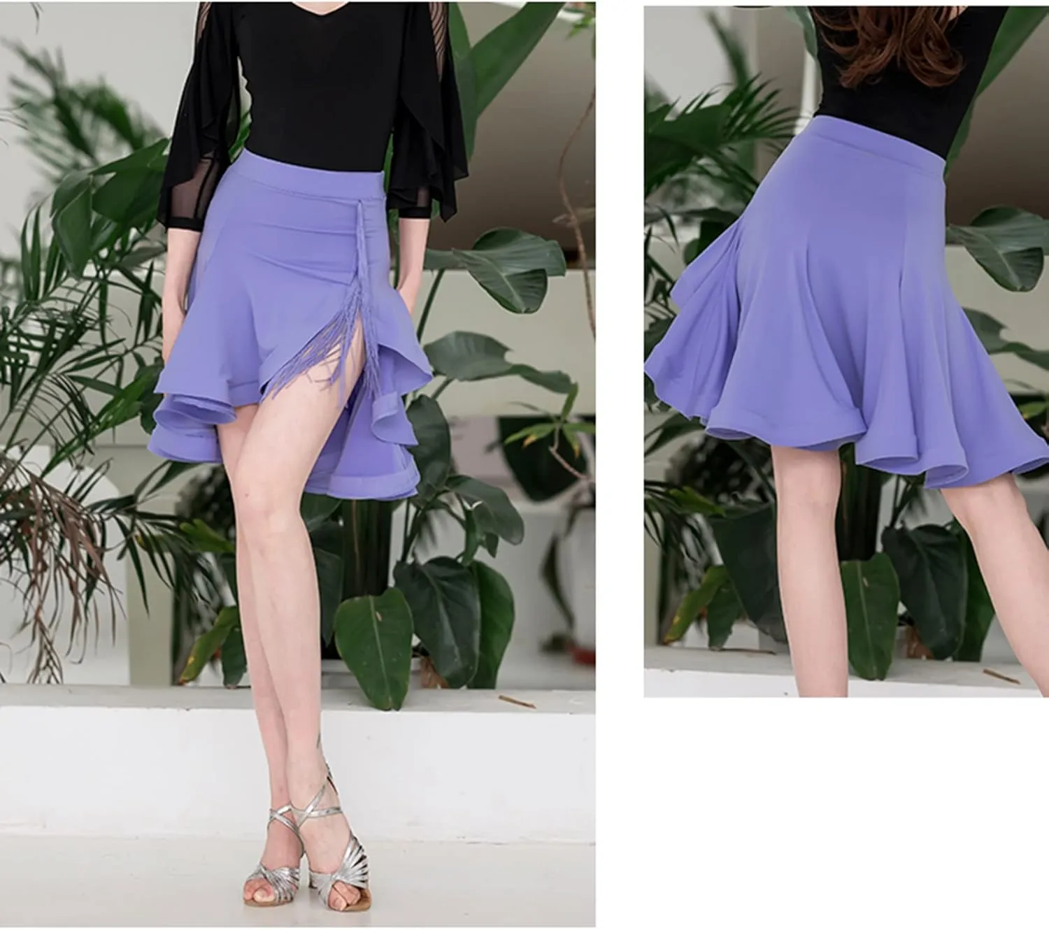 Z&X Women's Latin Salsa Dance Skirt Hi-Lo Fishbone Ruffle Swing Skirt Ballroom Fringe Dancing Skirts with Shorts