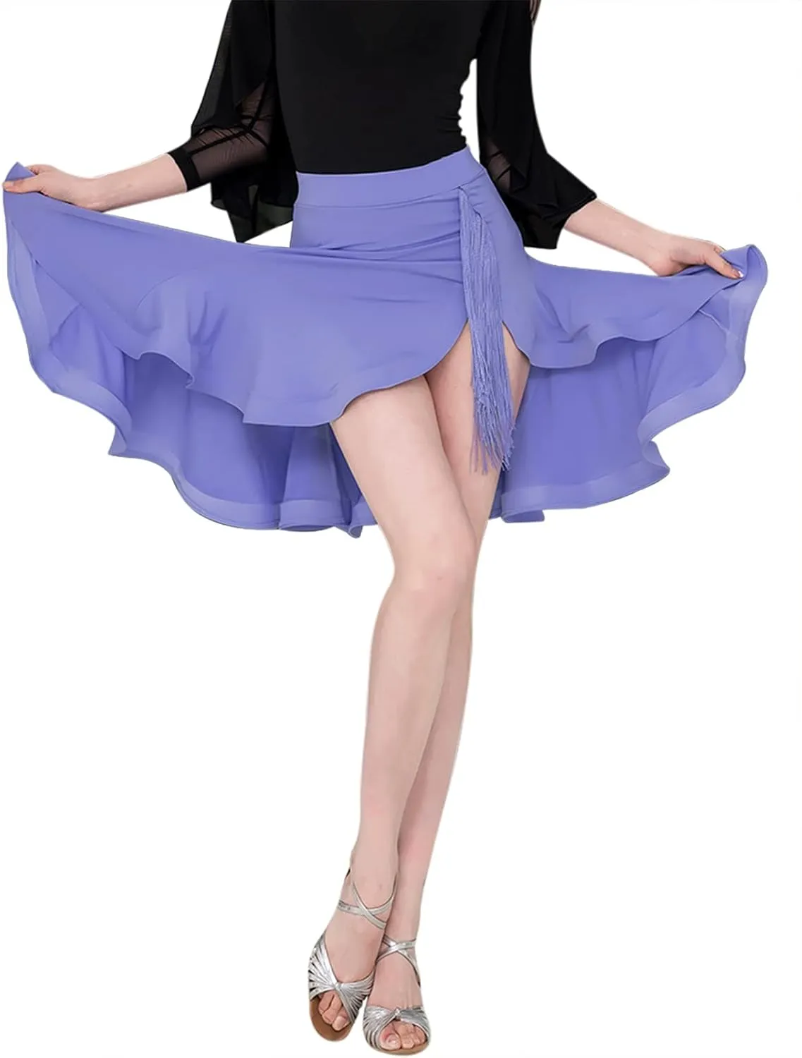 Z&X Women's Latin Salsa Dance Skirt Hi-Lo Fishbone Ruffle Swing Skirt Ballroom Fringe Dancing Skirts with Shorts