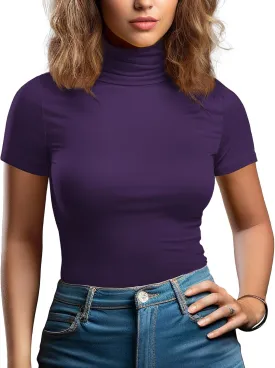 Zengjo Long Sleeve Turtleneck Women Stretch/Short Sleeve Tops Fitted Tee Shirt