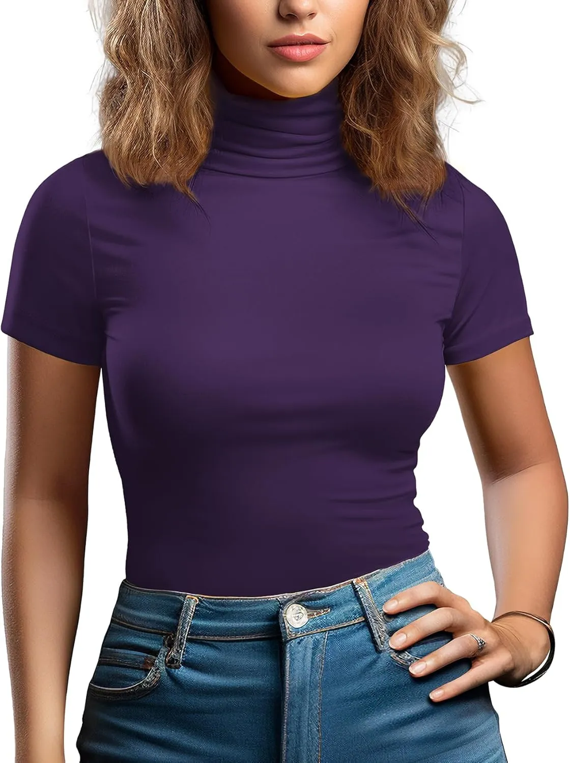 Zengjo Long Sleeve Turtleneck Women Stretch/Short Sleeve Tops Fitted Tee Shirt