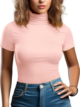 Zengjo Long Sleeve Turtleneck Women Stretch/Short Sleeve Tops Fitted Tee Shirt