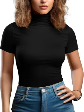 Zengjo Long Sleeve Turtleneck Women Stretch/Short Sleeve Tops Fitted Tee Shirt