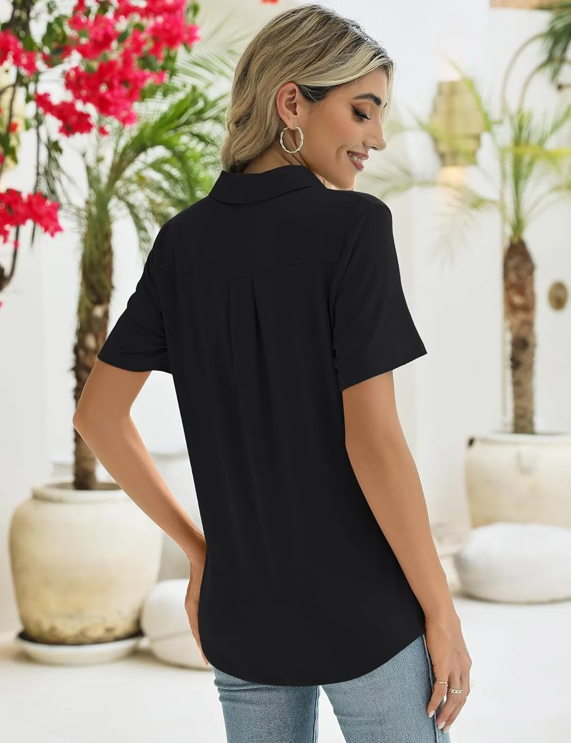 ZHENWEI Women's Short Sleeve V-Neck Polo Shirts Business Casual Work Collared Tops Dressy Johnny Collar Cute Blouses