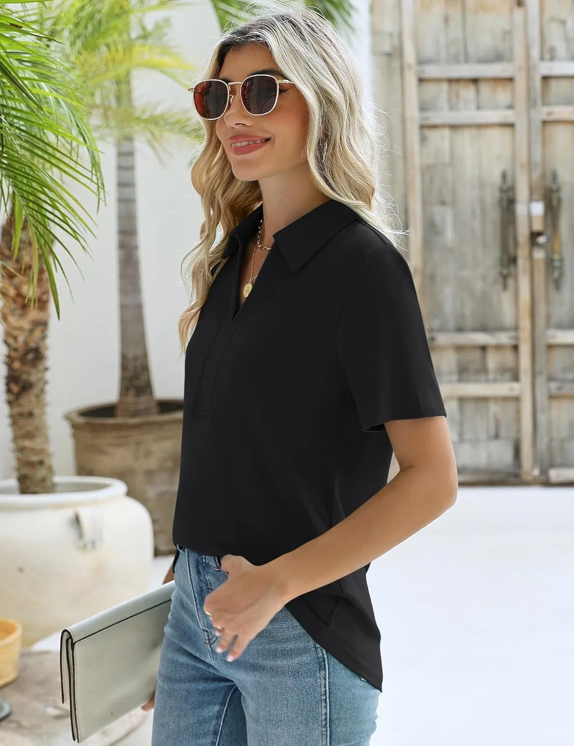 ZHENWEI Women's Short Sleeve V-Neck Polo Shirts Business Casual Work Collared Tops Dressy Johnny Collar Cute Blouses