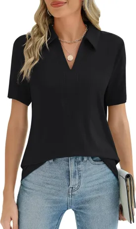ZHENWEI Women's Short Sleeve V-Neck Polo Shirts Business Casual Work Collared Tops Dressy Johnny Collar Cute Blouses